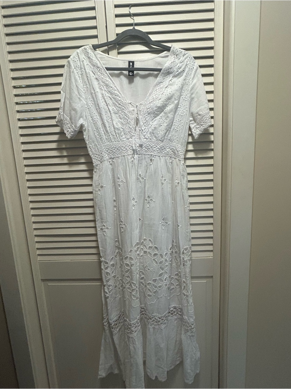 White Eyelet V-Neck Maxi Dress with Smocked Waist